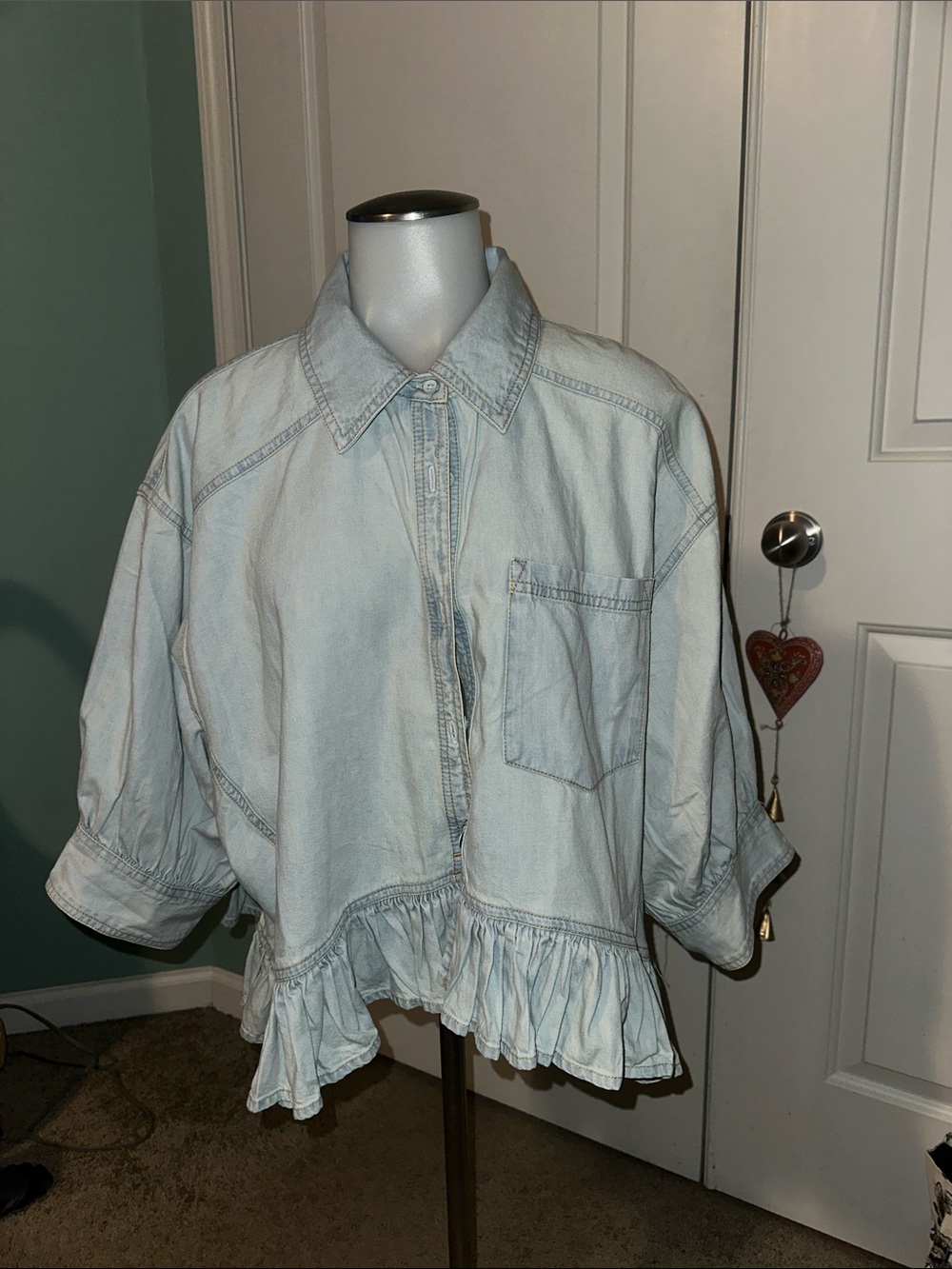Free People Light Wash Denim Ruffle Hem Button-Up Top
